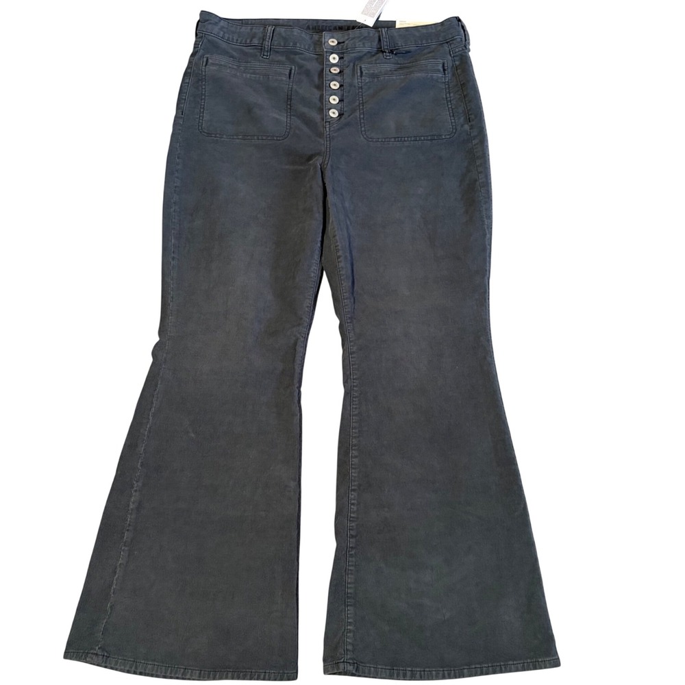 American Eagle Corduroy Pants Womens 18 Gray Super Hi-Rise Flare Button Fly NEW